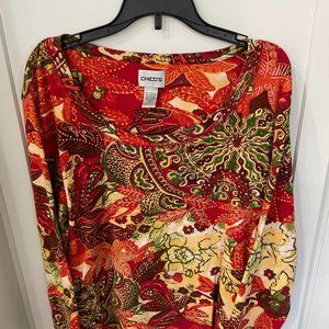 Chico s 100 % cotton Paisley print red/gold embroidered top